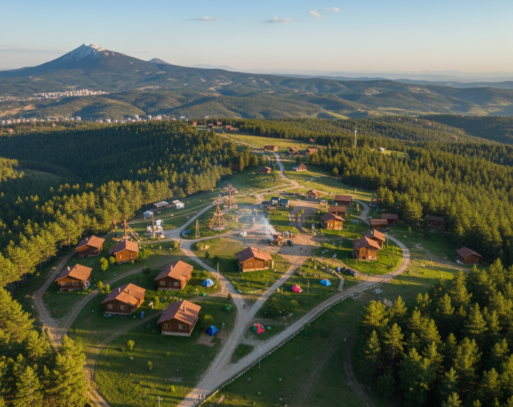 "Yemyeşil çam ormanlarıyla çevrili bir dağ yamacında, düzenli yerleşmiş ahşap yayla evleri ve kamp çadırlarından oluşan bir tatil köyünün havadan görünümü."