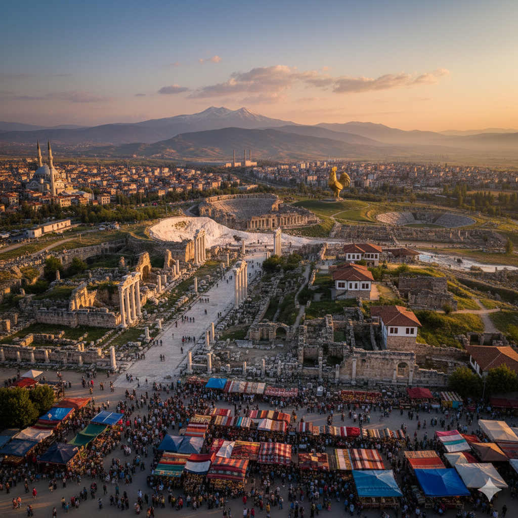 Denizli'deki Hierapolis Antik Kenti'nin kalıntıları, Pamukkale travertenleri ve Denizli Horozu heykelinin göründüğü bir manzarada, ön planda kalabalık bir pazar yeri ve şemsiyeli tezgahlar yer alıyor. Arka planda karlı Honaz Dağı ve şehir silüeti görülüyor.