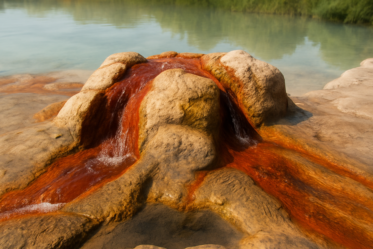 Karahayıt Kaplıcaları’nda kırmızı renkte akan mineralli sıcak su kaynağı, doğal taşların üzerinden akıyor.