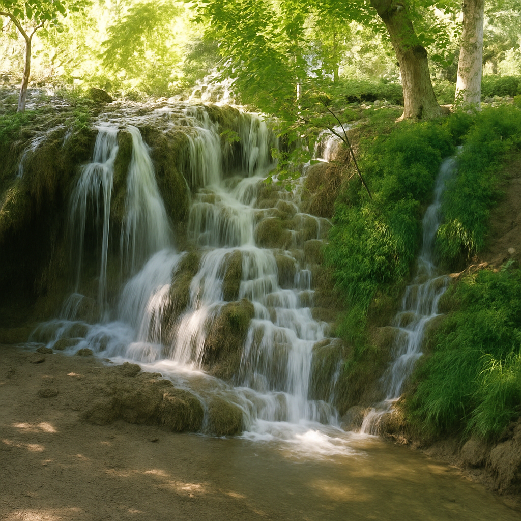 Ağaçlarla çevrili yemyeşil bir alanda, kademeli şekilde akan Güney Şelalesi'nin doğal görüntüsü.