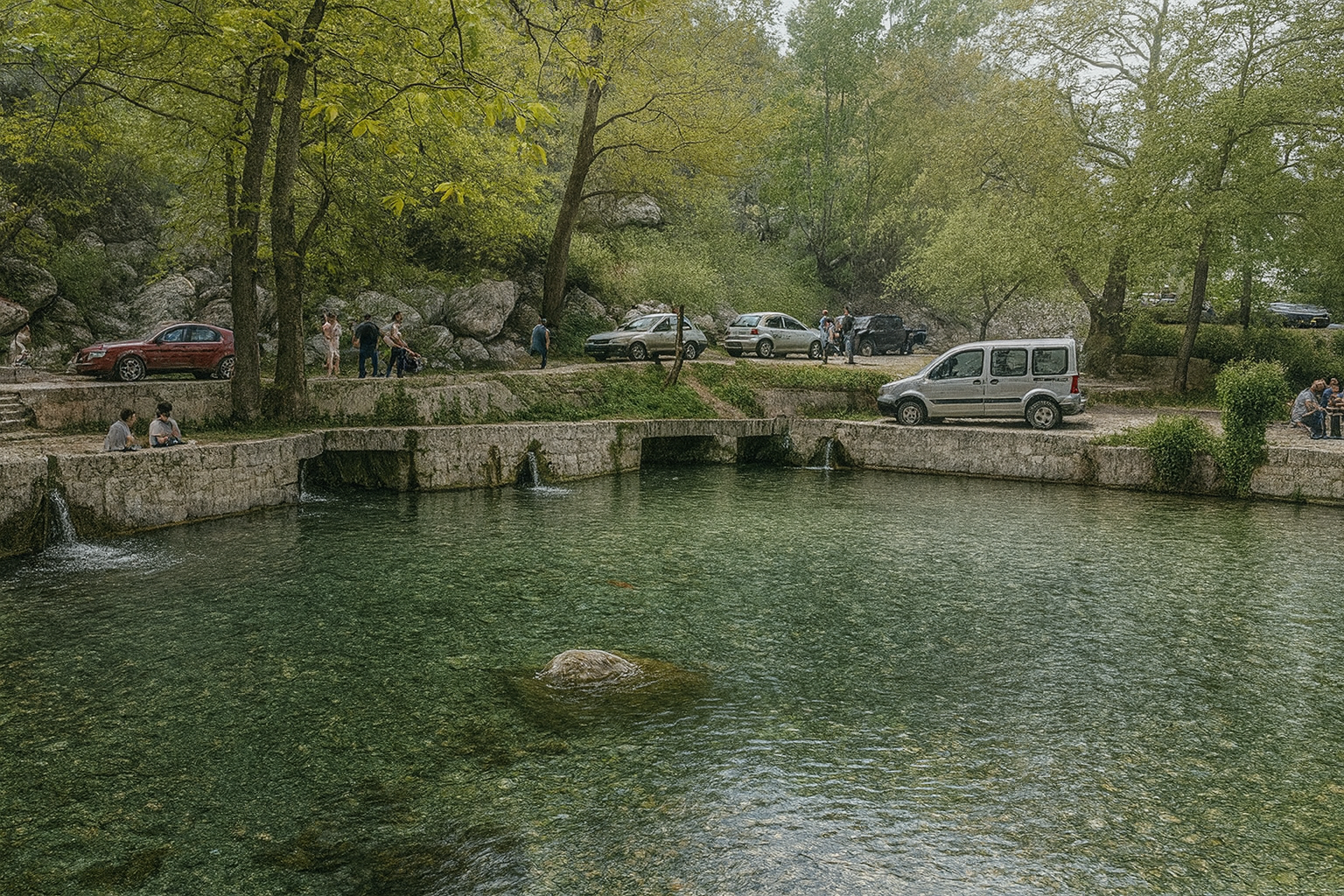 Honaz çevresinde, taş setlerle çevrili berrak bir su kaynağı ve etrafında ağaçlar arasında dinlenen insanlar